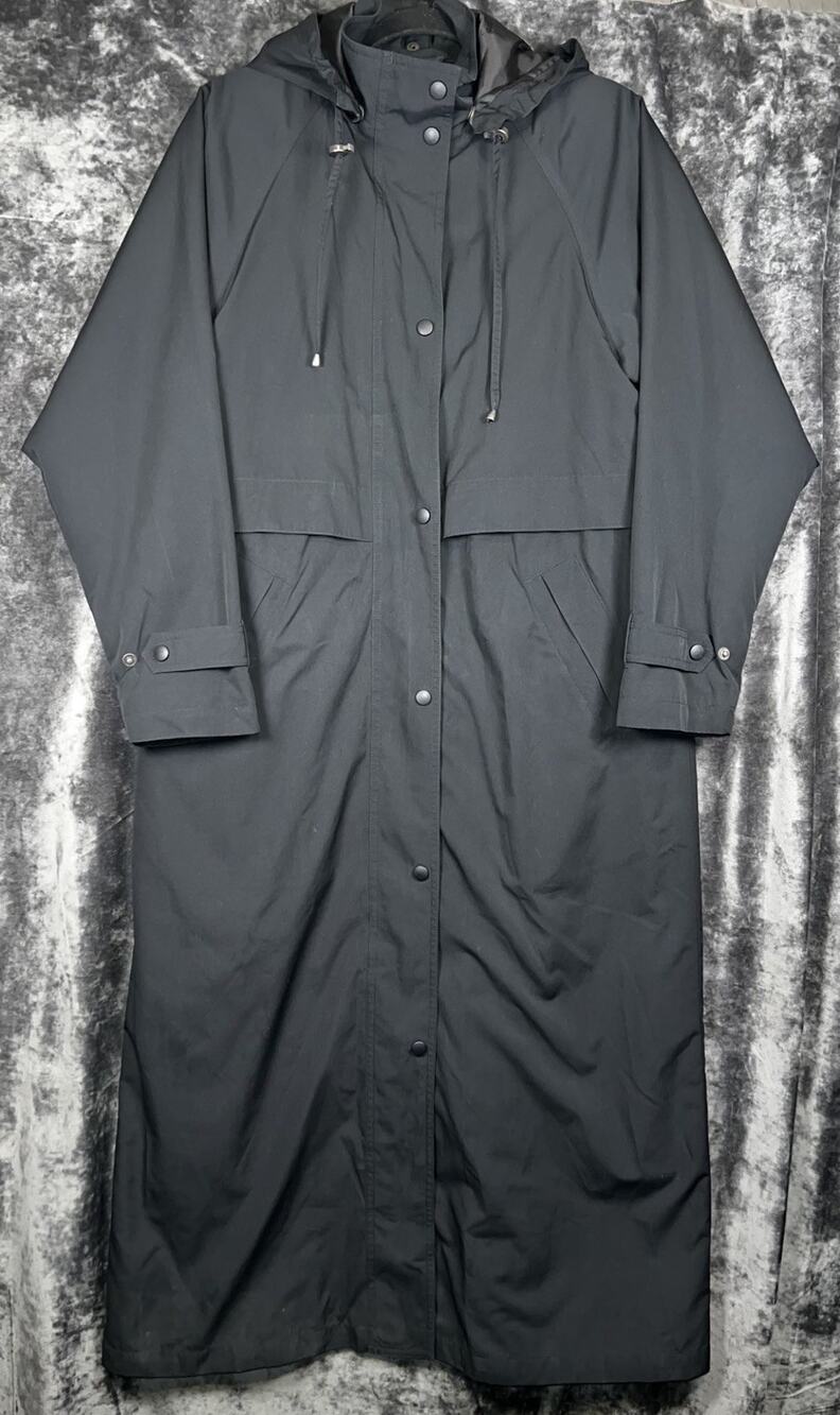 L.L.Bean Womens Small Long Trench Rain Coat Black Detachable Wool Liner Hooded